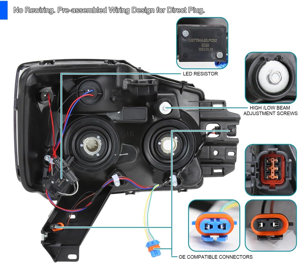 SPEC-D TUNING Smoke Headlights w/LED Light Bar Compatible with 2004-2015 Nissan Titan, 2004-2007 Armada, Left + Right Pair Headlamp Assembly