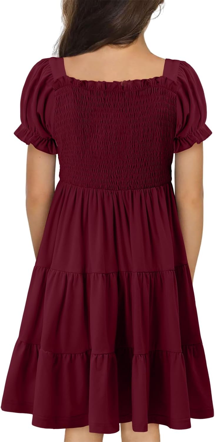 Yoklass Girls Casual Smocked Dress Square Neck Puff Short Sleeve Ruffle Dresses 4-13 Years - Image 4
