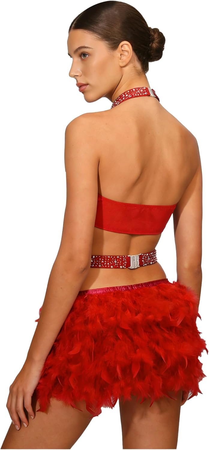 Women's Rhinestone Fringe Latin Rumba Samba Dance Leotard with Back Faux Feather Ballroom Dancewear
