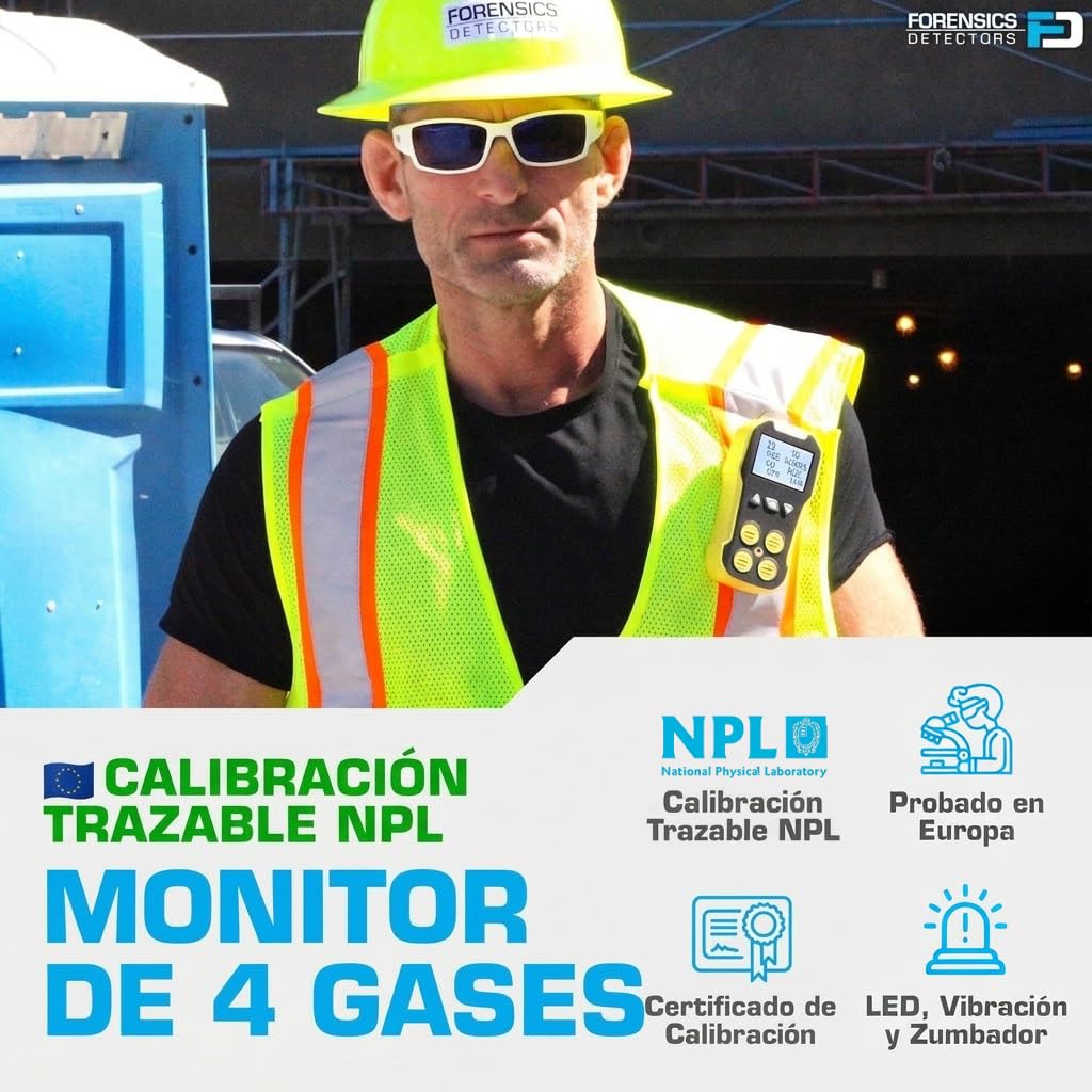 Detector de 4 Gases | O2, CO, H2S, LEL | EU Certificado de Calibración. | Recarga USB | Alarmas sonoras, visuales y por vibración | Pantalla Grande con retroiluminación |