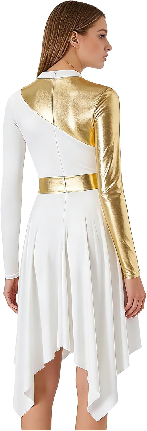 Women's Praise Dance Dress Long Sleeve Worship Dancewear Church Liturgical Lyrical Costume Metallic Asymmetric Maxi - Image 2