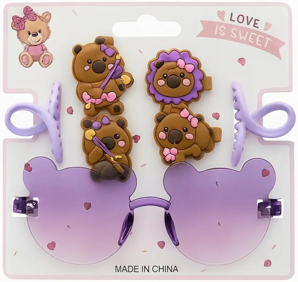 Kit Acessórios Infantis 7 peças – Óculos de Sol Rosa Ursinho + 4 Presilhas Decoradas + 2 Piranhas - Conjunto para Meninas Festa, Lembrancinha e Fantasia (Roxa)