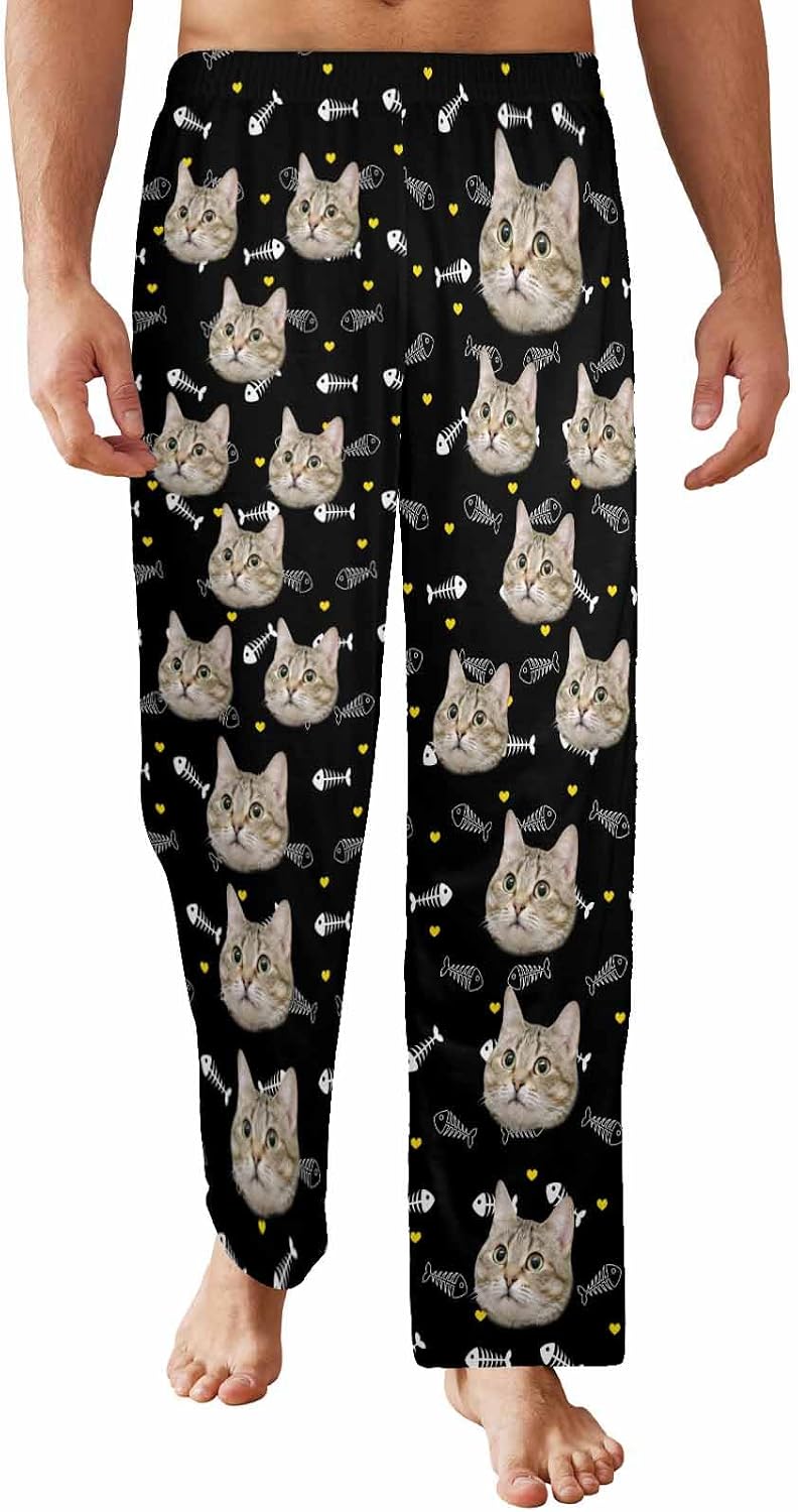 Personalized Pet Face Photo Pajamas for Men Women Custom Fish Bone Pajama Pants Sleepwear Bottoms for Pet Lover Christmas