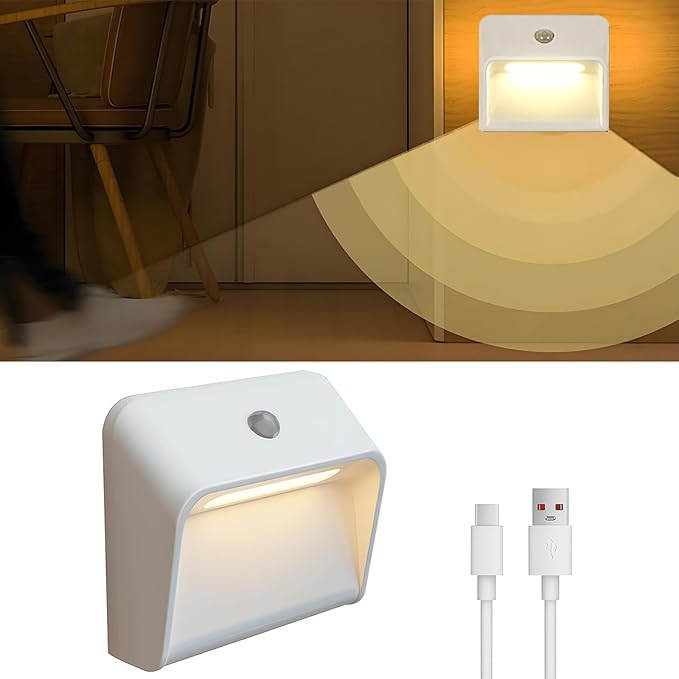 GCDFGV Rechargeable Motion Sensor Night Light - 2200mAh Battery Stair Lights Indoor, 3000K, Linkage Mode, for Bedroom Hallway Bathroom Wall - 3 Brightness Levels