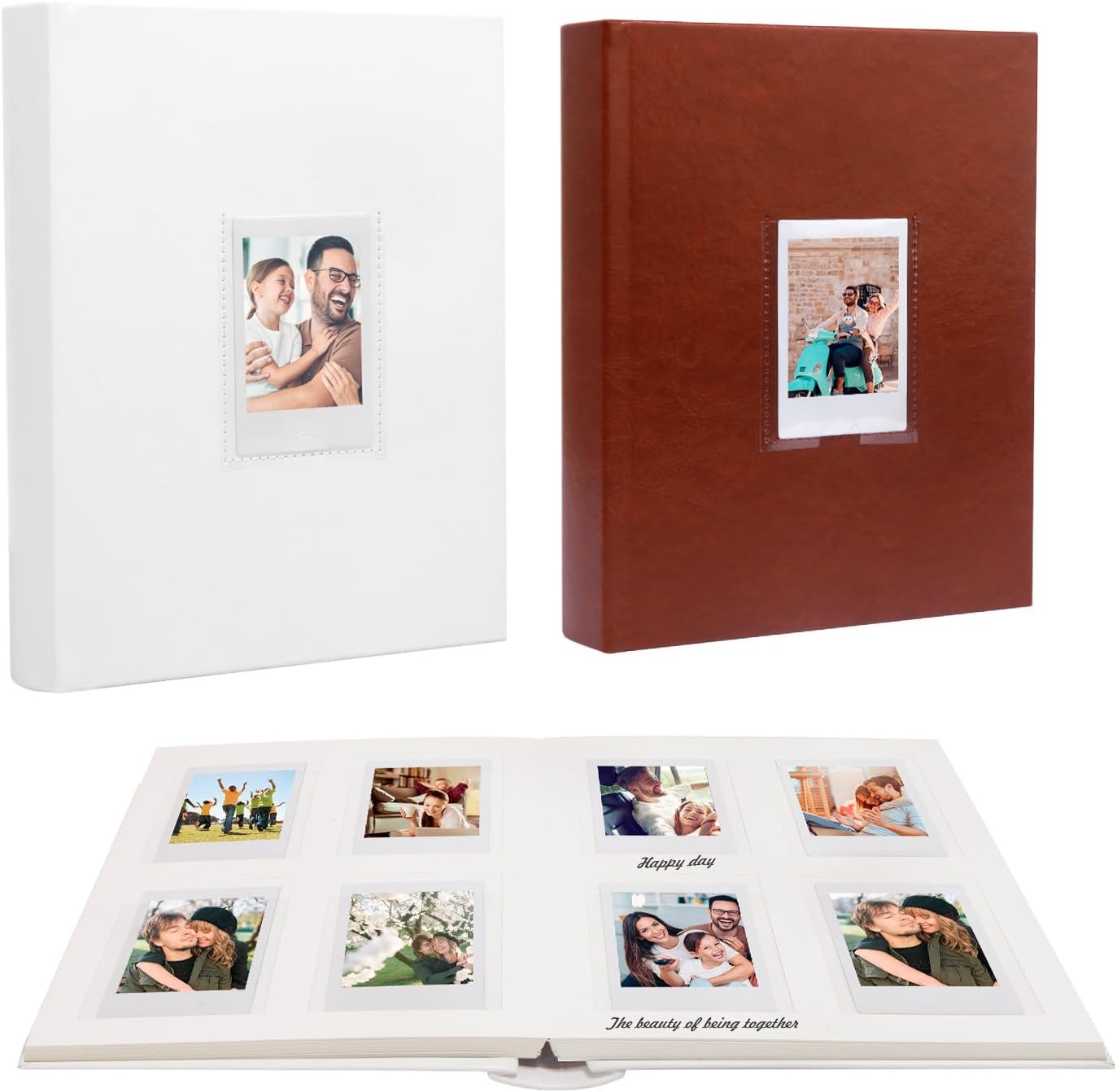 2 Packs 128 Pockets Photo Album with Writing Space, Front Window, Polaroid Photo Albums 3 Inch Compatible with Fujifilm Instax Mini 12 11 9 8 7s 99 40(White+Brown)