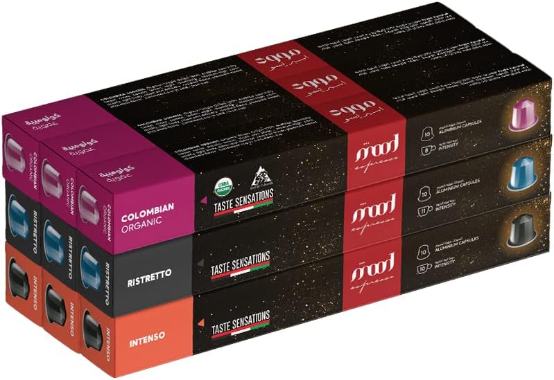 Nespresso Compatible Aluminium Capsules (3 Flavors: Intenso, Ristretto, Organic Colombian), Pack of 9 (90 Capsules)