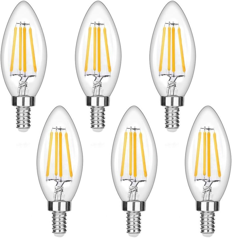 Dimmable E12 LED Candelabra Bulb,Equivalent 40W Candle Light Bulbs, Filament Clear Glass, Warm White 2700K, 6-Pack