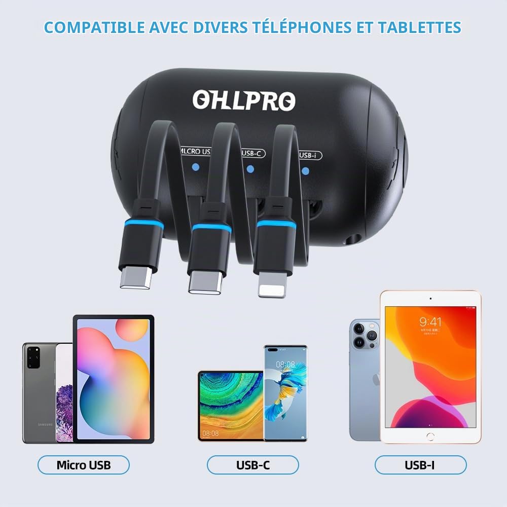 OHLPRO Lot de 2 chargeurs de Voiture rétractables pour siège arrière - Station de Charge Multifonction 3 en 1 avec USB-C/USB-i/Micro-USB, Charge Rapide 15 W pour iPhone, Samsung, Android, Support