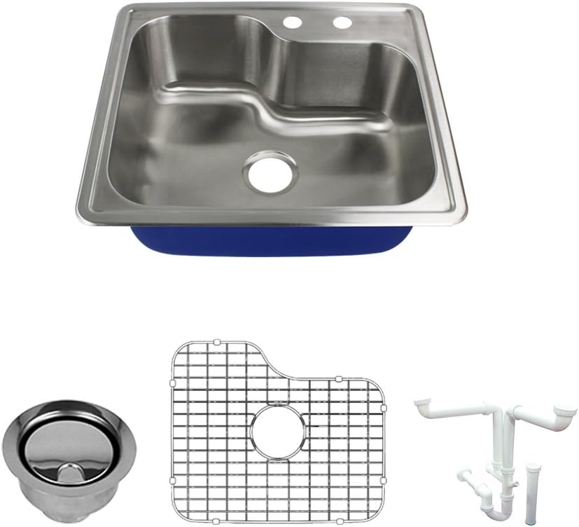 Transolid K-MTSO25229-2 Meridian 2-Hole Drop-in Single-Bowl Kitchen Sink Kit, 22.0156-" L X 25-" W X 9-" H, Brushed Stainless Steel