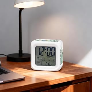 Alarm Clock with 7 Colors Night Light Summer Eucalyptus Leaf Bird Cube Digital Clocks Display Temperature Date Snooze Farmhouse Vase Botanical Silent Desk Clocks for Bedroom Office Decor