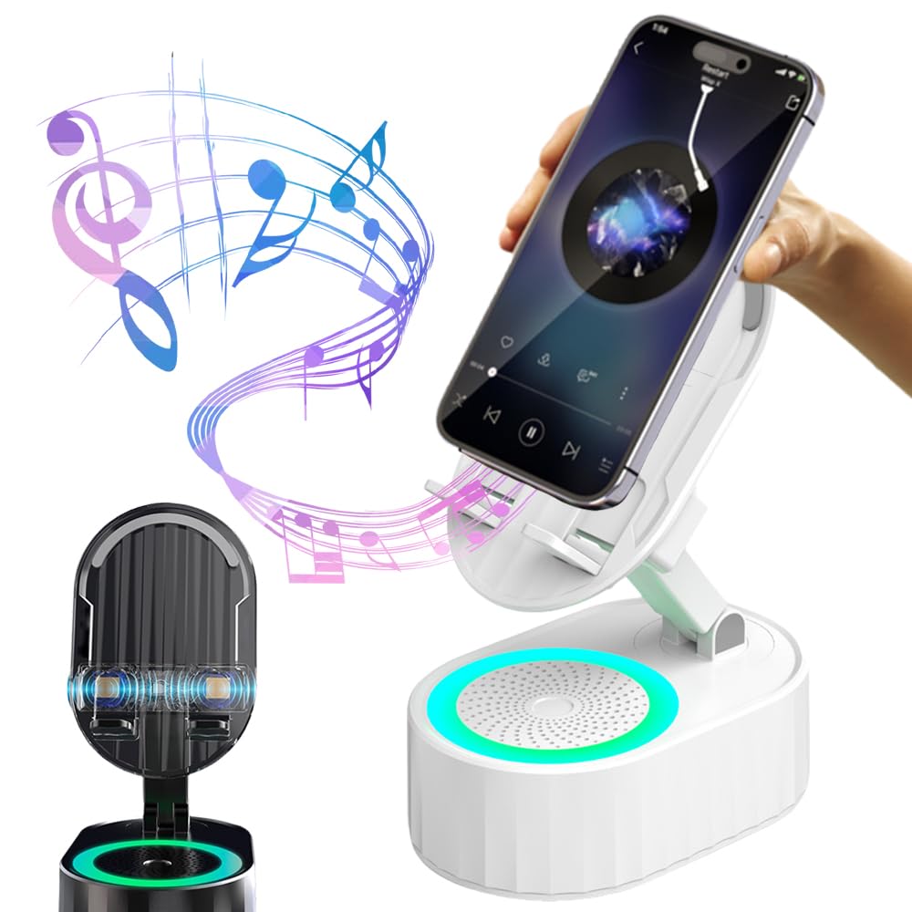 ZiTour Wireless Induction Audio Bluetooth Speaker, 5-in-1 Cell Phone Stand with Wireless Bluetooth Speakerble Automatic Sensing Speaker, 300° Foldable Phone Speaker Stand for Tablet Phone (White)