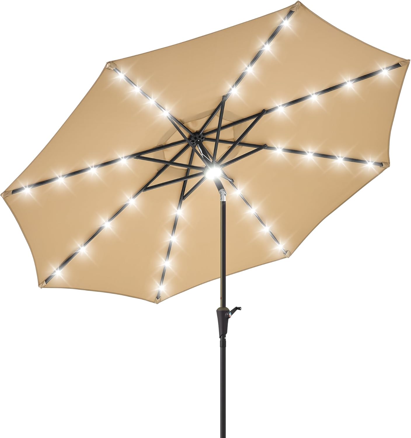 7.5 ft/9 ft/10 ft Patio Umbrella with Solar Light, 24/32-LED + 1 Center Light, 6/8 Heavy Duty RibsLarge Table Outdoor Umbrella for Patio- Beach, Pool, Deck, Market & Table, Crank&Tilt