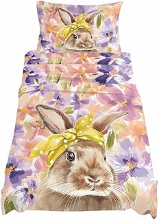 Easter Bunny Twin XL Sheet Set 66"x102", Spring Purple Flowers Scarf Rabbit Pastoral Soft Breathable Bed Sheets, Microfiber Lightweight Bedding Set with Pillowcase, Easy Fit-Deep Pocket Bedsheet Set