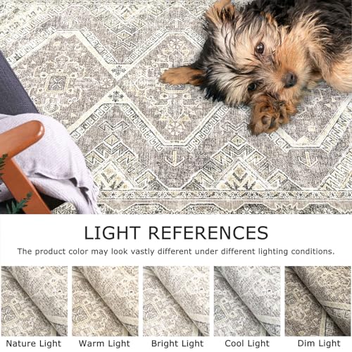 KUTA Area Rug 3x5 Oriental Ivory Grey Yellow Rugs for Living Room, Washable Kitchen Non-Slip, Ultra Soft Printed Distressed Tribal Entry Low-Pile Throw Carpet for Bedroom Dorm Decor