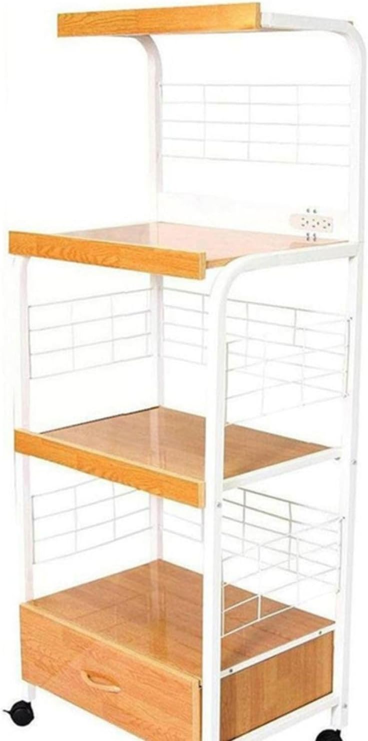 59.5" Tall 3-Tier Microwave Kitchen Cart with Drawer and Outlet, White Metal Convenient Storage & Mobility Pantry