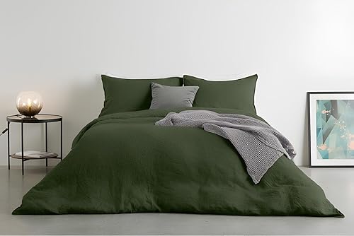 Miniatura 2 de INDACORIFY Juego de 3 fundas de edredón de algodón, 100% algodón, color verde musgo oscuro, juego de ropa de cama lavada a la piedra, funda de