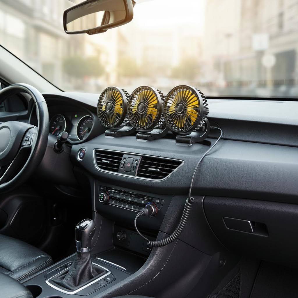 12V Car Fan Triple Head Electric Auto Fan - Powerful Dashboard Air Circulator with Cigarette Lighter Plug - 3 Speed 360° Rotatable Cooling Fan for Sedan SUV Van RV (Cigarette Lighter Plug-12V-Triple)