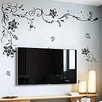 Supzone Black Flowers & Butterflies Wall Decals - Removable DIY Floral Vine Peel & Stick Stickers for Bedroom Living Room Nursery