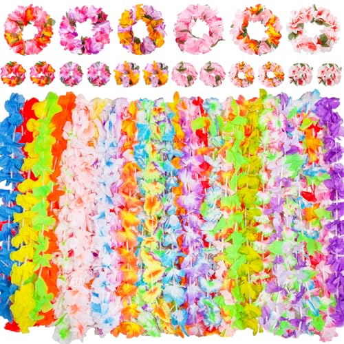 Garma 72Pcs Hawaiian Leis, Luau Party Supplies Including 36Pcs Necklace, 12Pcs Headbands and 24Pcs Wristbands, Tropical Themed Party Favors Beach Decoration for Summer Vacation, Birthday, Wedding