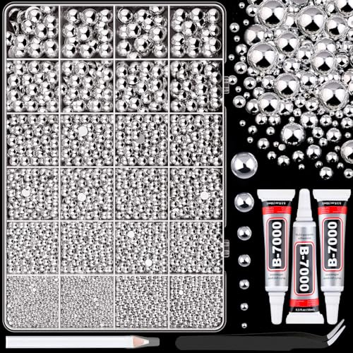 11000Pcs Flatback Pearls for Crafting(Silver), Assorted Size 2/3/4/5/6/8/10mm Half Pearl with 3Pcs 10ml B7000 Jewelry Glue, Bedazzling Bead for Crafts Clothing Tumblers Shoes Embellishment Nail Art
