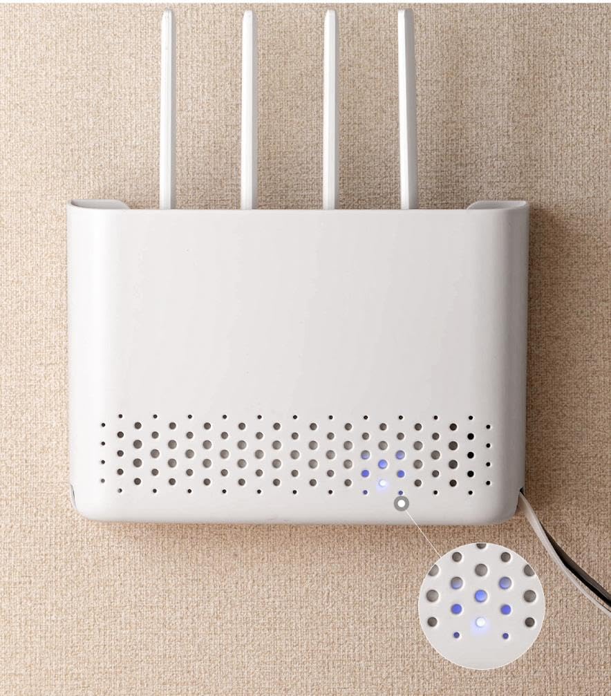 Lavandi Wall Mount WiFi Router Storage Holder, White Plastic Organizer with Ventilation Holes (Large)