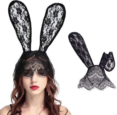 Miniatura 5 de Ibluelover Diadema sexy con orejas de conejo, diadema de encaje con orejas de gato, velo flexible para disfraz de Halloween, discotecas, cosplay