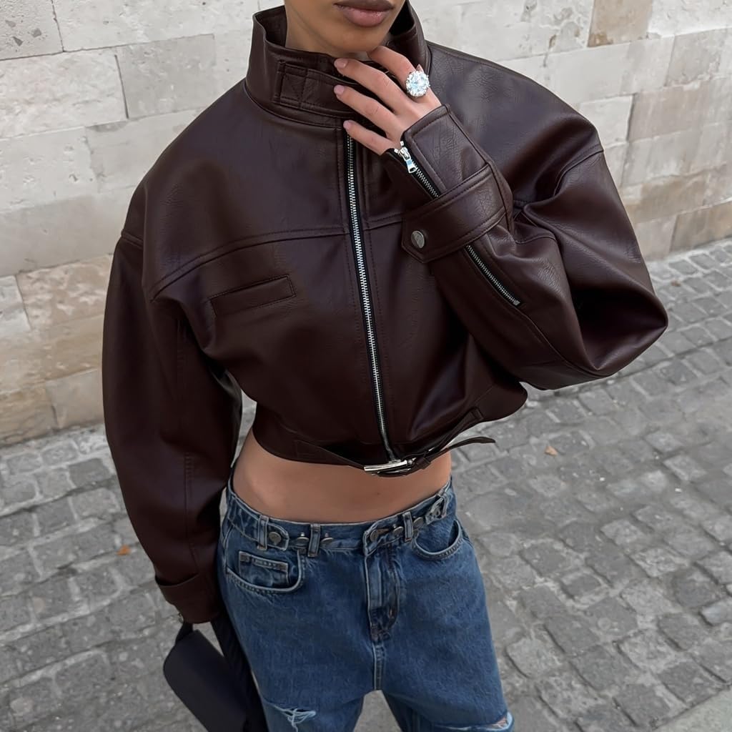 Cropped Leather Jacket Women Waist Buckle Strap Stand Collar Faux Leather Streetwear Cropped Bomber Jacket Women