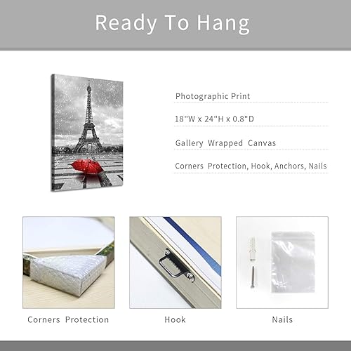 Miniatura 7 de ARTISTIC PATH Pintura de la Torre Eiffel, arte de pared, diseño de paisaje urbano de París, impresión de paraguas rojo sobre lienzo para dormitorio