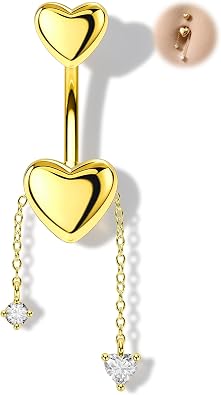 Melighting 14G Gold Belly Button Ring Dangle Chain, 10 mm Stainless Steel Belly Piercing Jewelry with CZ Heart Star Design, Cute Silver Navel Ring for Beach Daily Wear Women