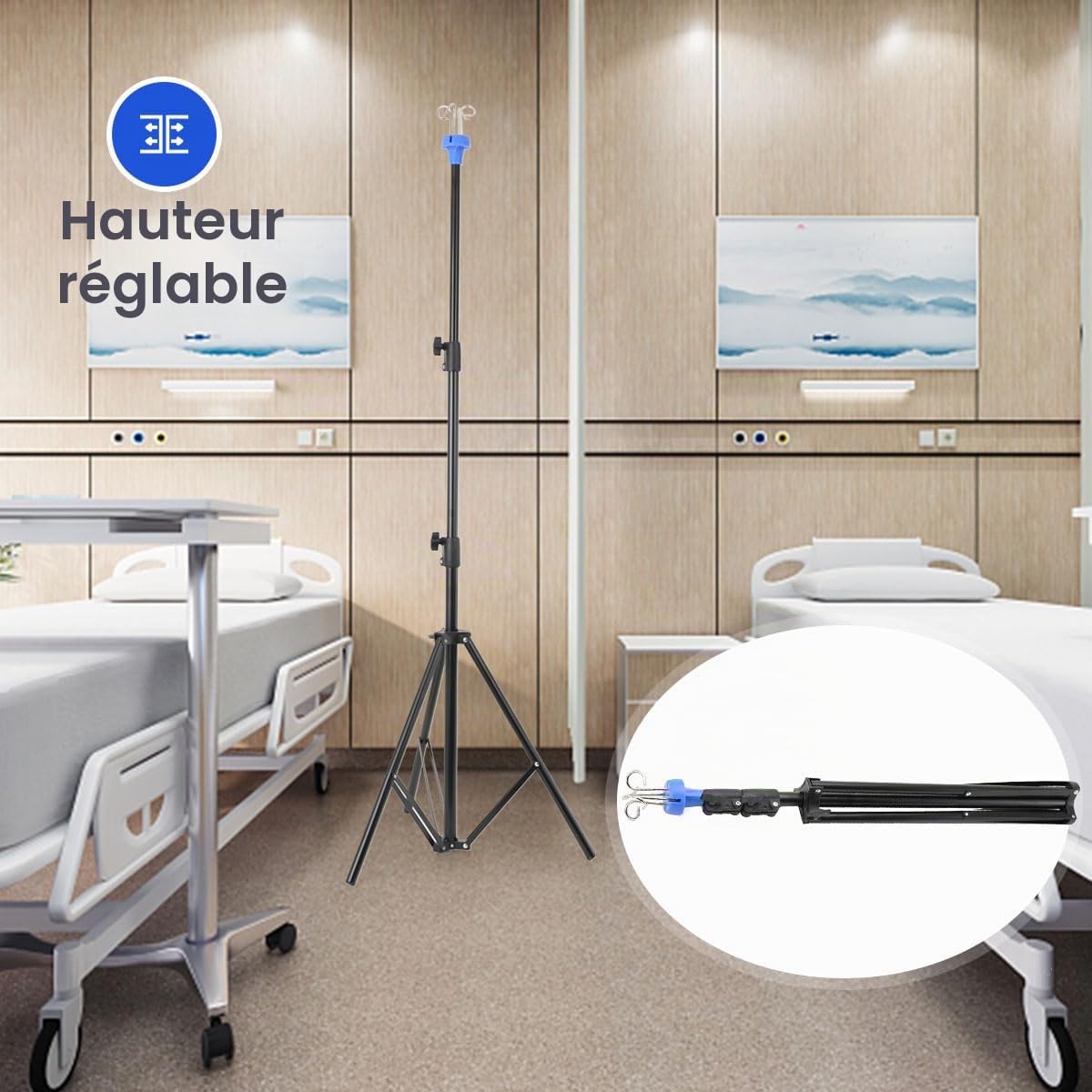 Support à perfusion intraveineuse, support pliable pour perfusion avec 4 Crochets& 3 Pieds, Support de Perche Hauteur réglable de 75 à 210 cm, Perche intraveineuse Pliable pour Les Voyages