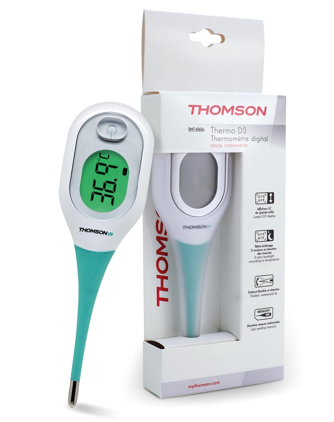 THOMSON Thermo D3 Thermomètre Digital - Fièvre Bébé Enfant Adulte - Mesure Rapide <10s, Haute Précision - Écran LCD Rétroéclairé 3 Couleurs - Mémoire - Usage Oral Axillaire Rectal - Étanche IP27