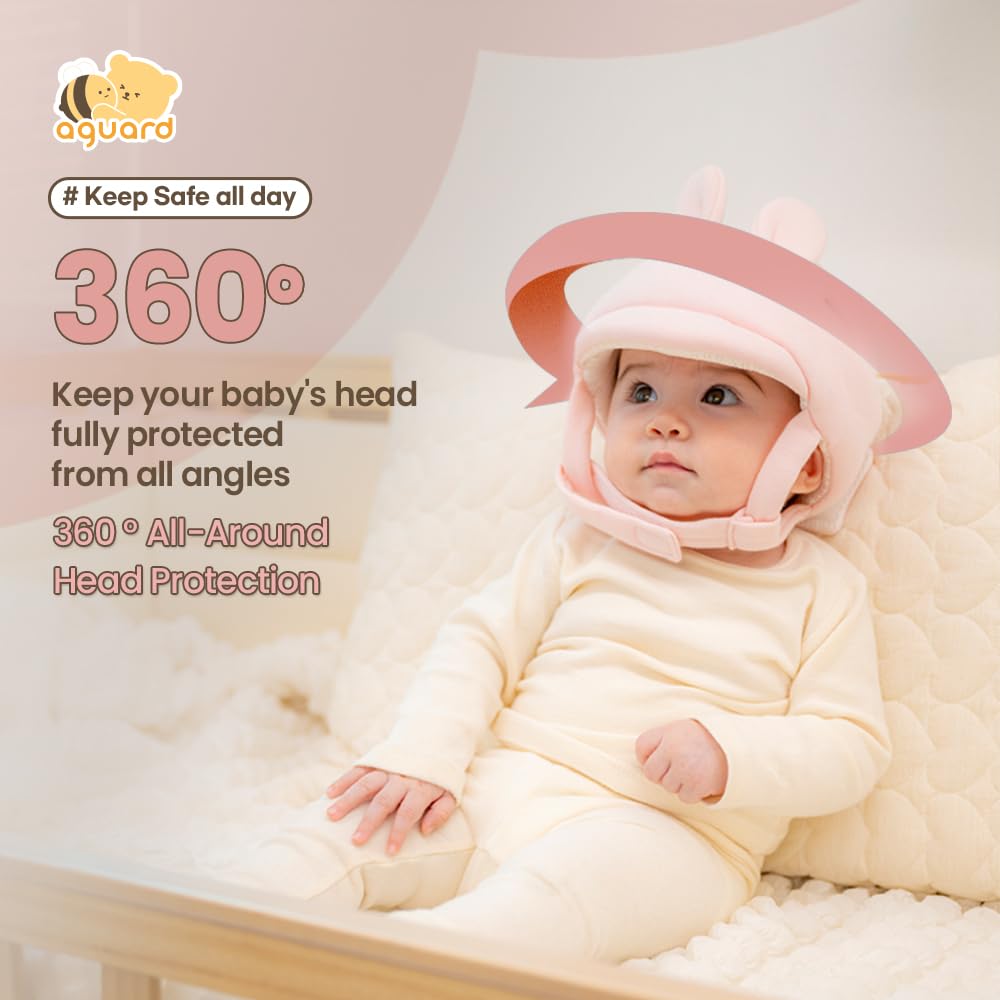 Protector de cabeza de bebé orgánico, casco de bebé de algodón certificado GOTS, conejo, ajustable y ultraligero, protector de cabeza para bebés que gatean y caminan, niños pequeños, bebé niña rosa