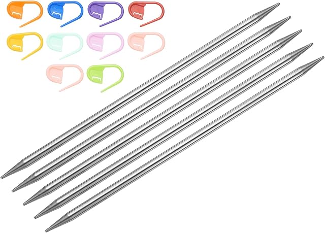 Uxcell 5Pcs US 7(4.5mm) Aiguille de tricot à double pointe 7.87 Longueur des pouces Acier inoxydable Tiges aiguilles avec 10 Marqueur de mailles pour les projets faits à la main DIY Tricots
