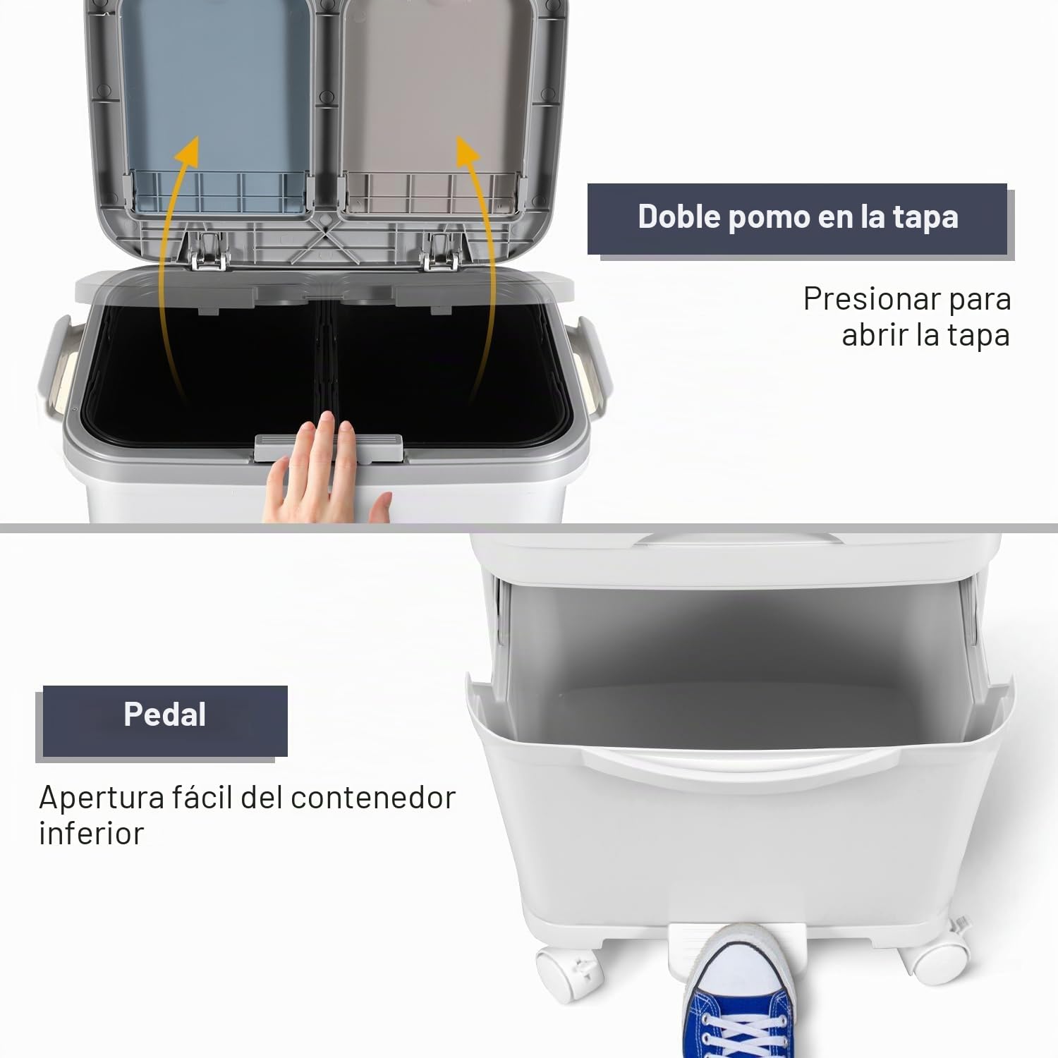 Fiqops Cubo de basura para cocina 42L con 3 compartimentos, separador de seco y húmedo, cubo de basura con pedal y ruedas para cocina, oficina y hogar, color blanco