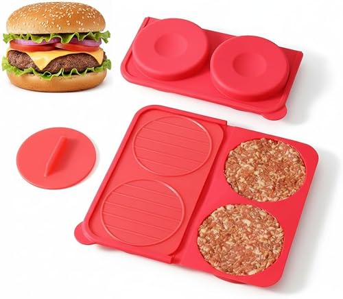 AUOON Silicone Burger Press Mold, 4-Cavity Patty Maker for Freezer Storage, Non-Stick Kitchen Tool for Homemade Hamburger Meat Preparation, Easy Clean & Dishwasher Safe (Red)
