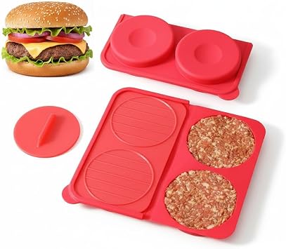 AUOON 4 in 1 Silicone Burger Patty Mold for 4.5" 1/4-1/3lb Patties, Red
