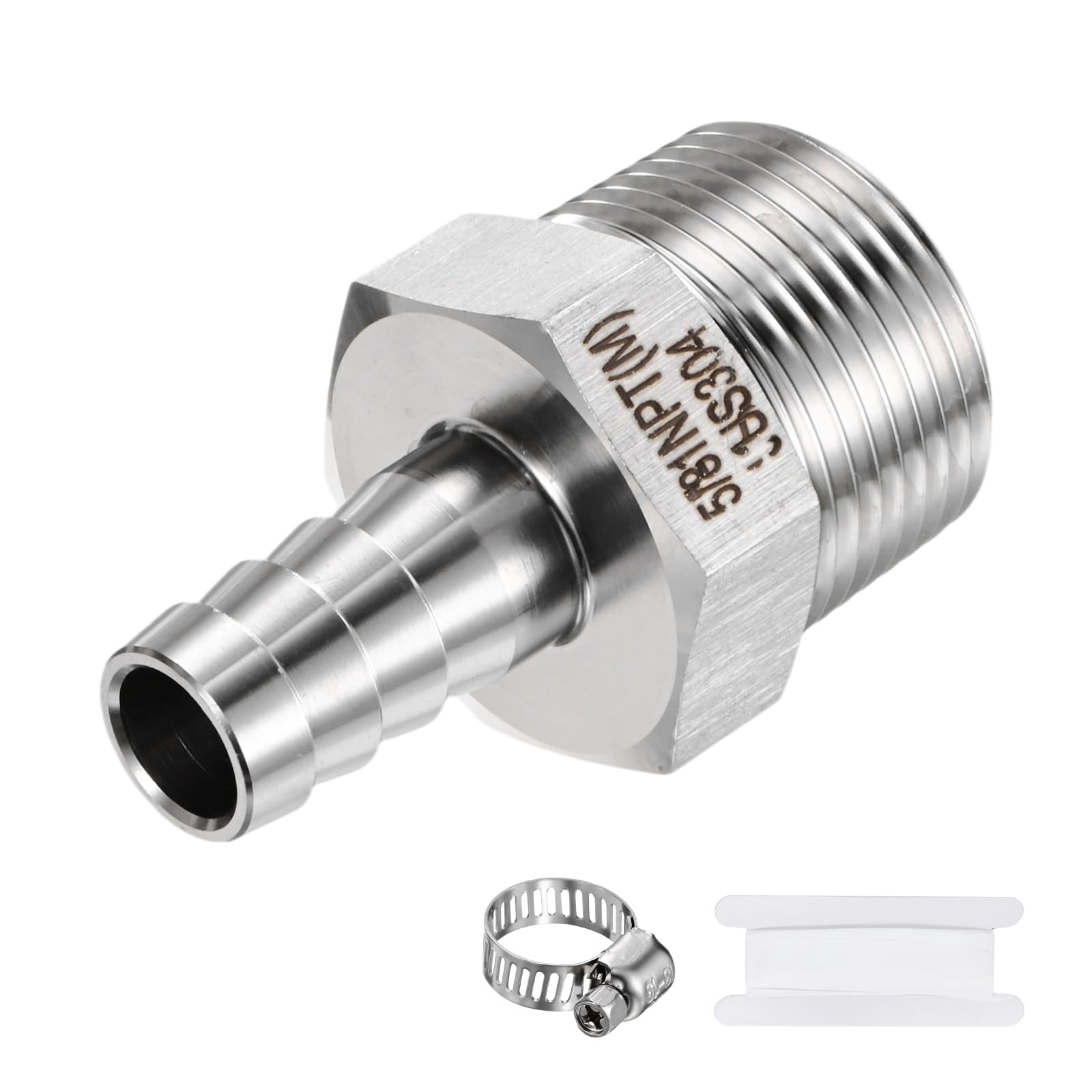 M METERXITY 1-Pack Garden Hose Adapter, 304 Stainless Steel 5/8" Barb x 1" NPT Male Threaded Connector with Sealing Tape & Clamp Garden Hose Convert Fitting for Pipe