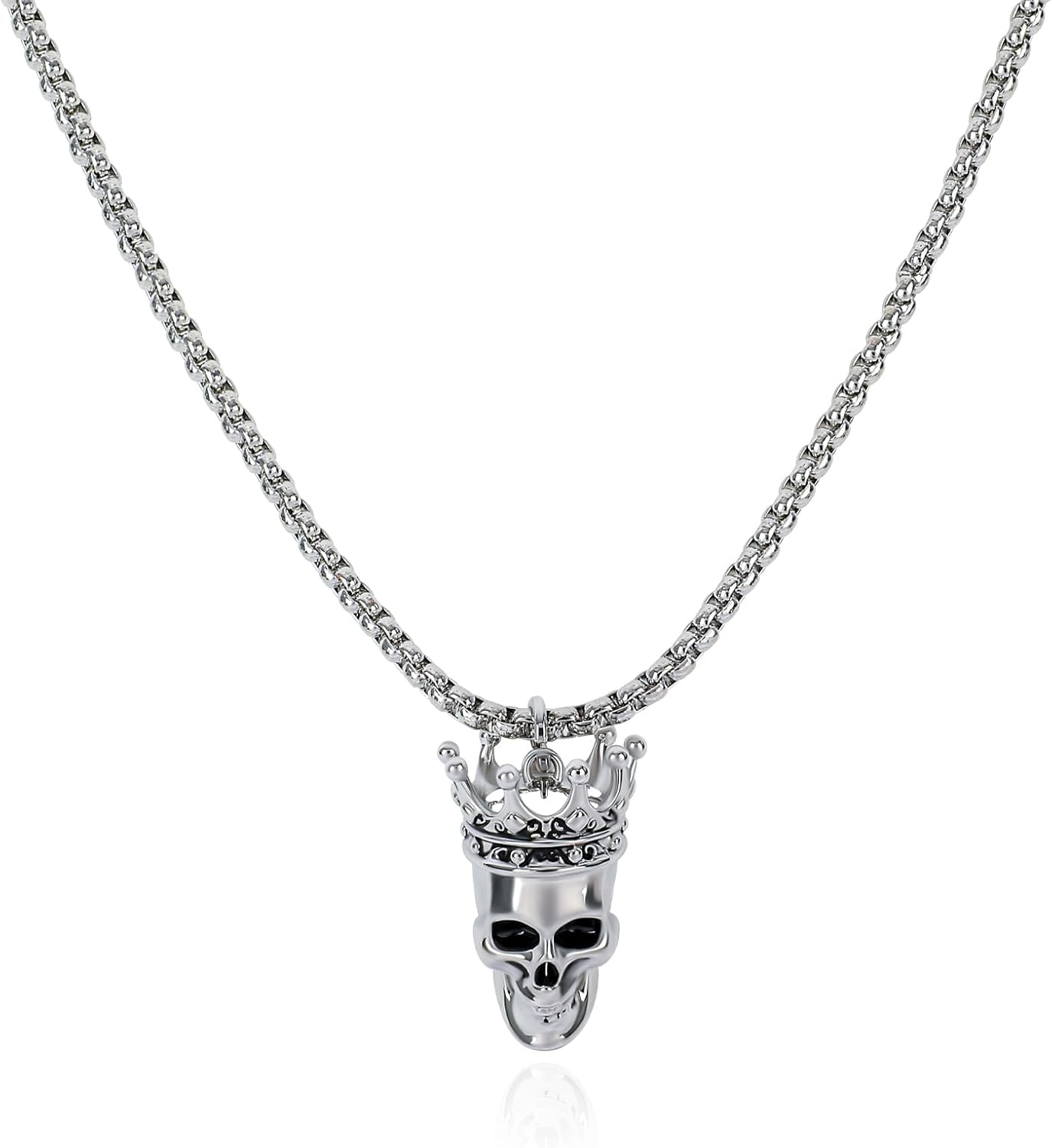 Vintage Skull Pendant Necklace for Men Punk Gothic Silver Black Crown Skull Necklace White Gold Plated Skull Pirate Cool Rapper Biker Necklace Adjustable Chain Halloween Jewelry Gift for Men