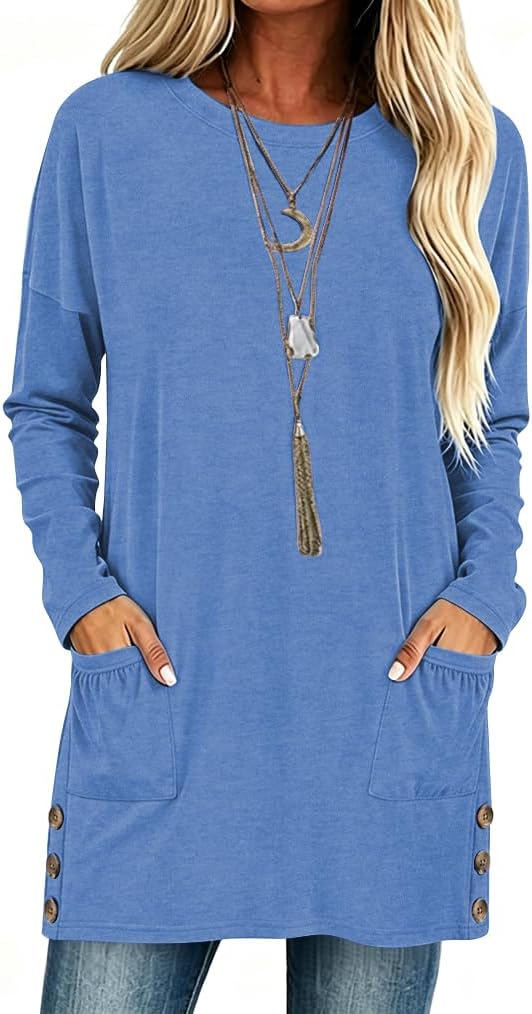 Poetsky Womens Tunic Tops for Leggings with Pockets Side Buttons Batwing Long Sleeve Casual Long Tee Shrits Fall Clothes