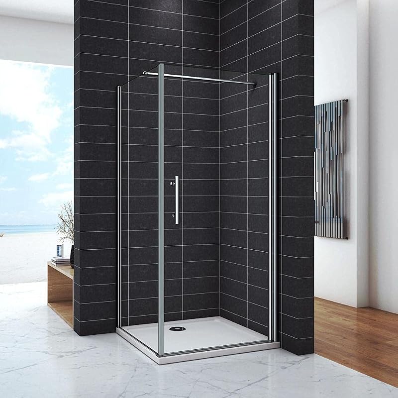 Corner Shower Enclosure 197 cm High Fixed Hinged Door Side Wall 90 x 90 cm 6 mm Tempered Anti-Limescale Glass with Horizontal Stabilizer Bar 90 cm