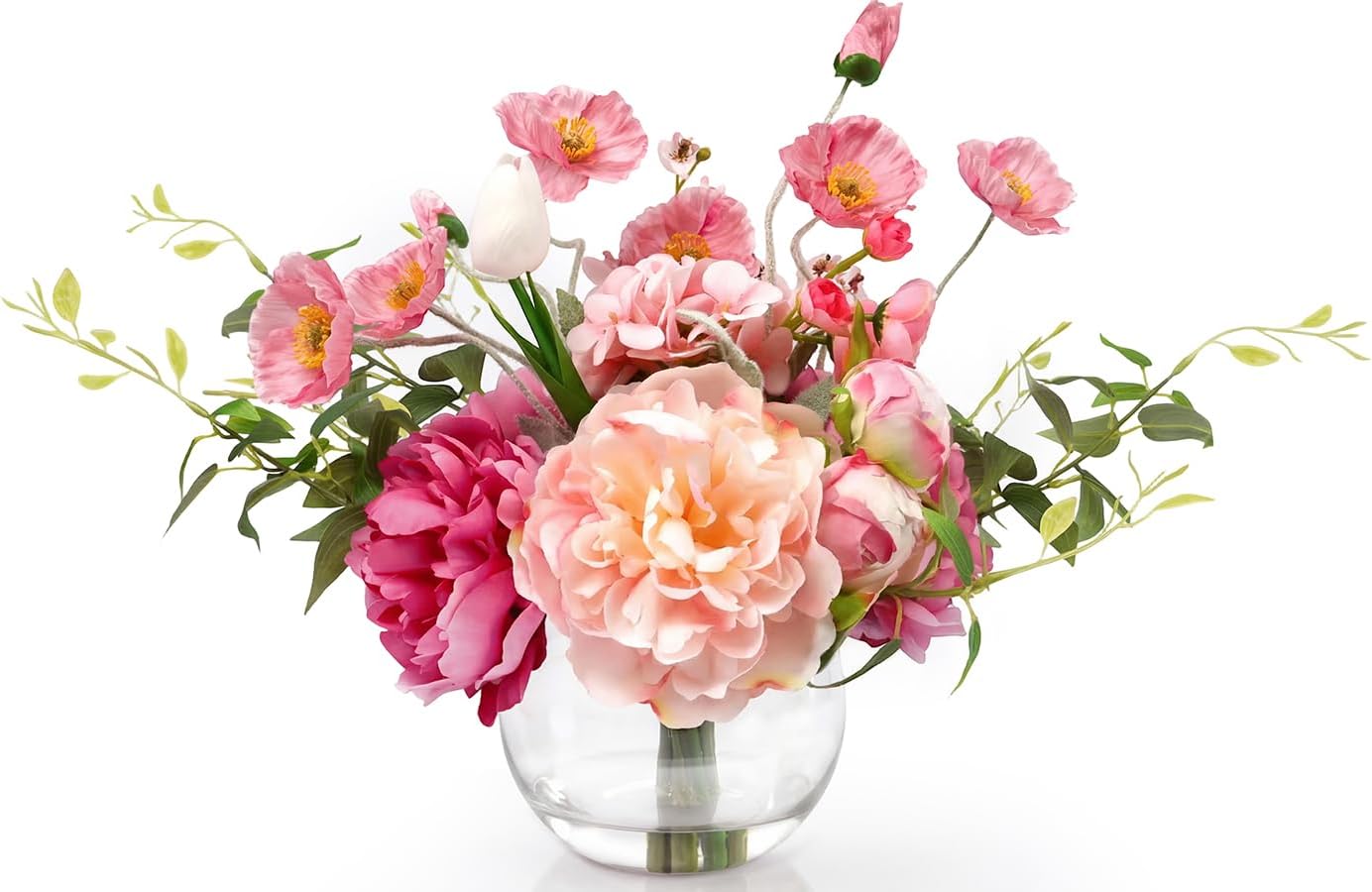 Artificial Flowers in Vase,Realistic Silk Peonies and Tulip Faux Flowers with Faux Water,Perfect for Table Centerpiece,Wedding,Fuchsia Fake Peonies in Vase for Floral Arrangements