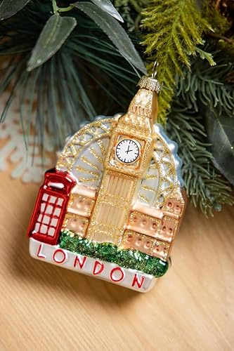 Miniatura 7 de Paquete de 2 adornos de Navidad de vidrio soplado a mano de Londres, adorno de vidrio para autobús de dos pisos y adornos de Londres para árbol de