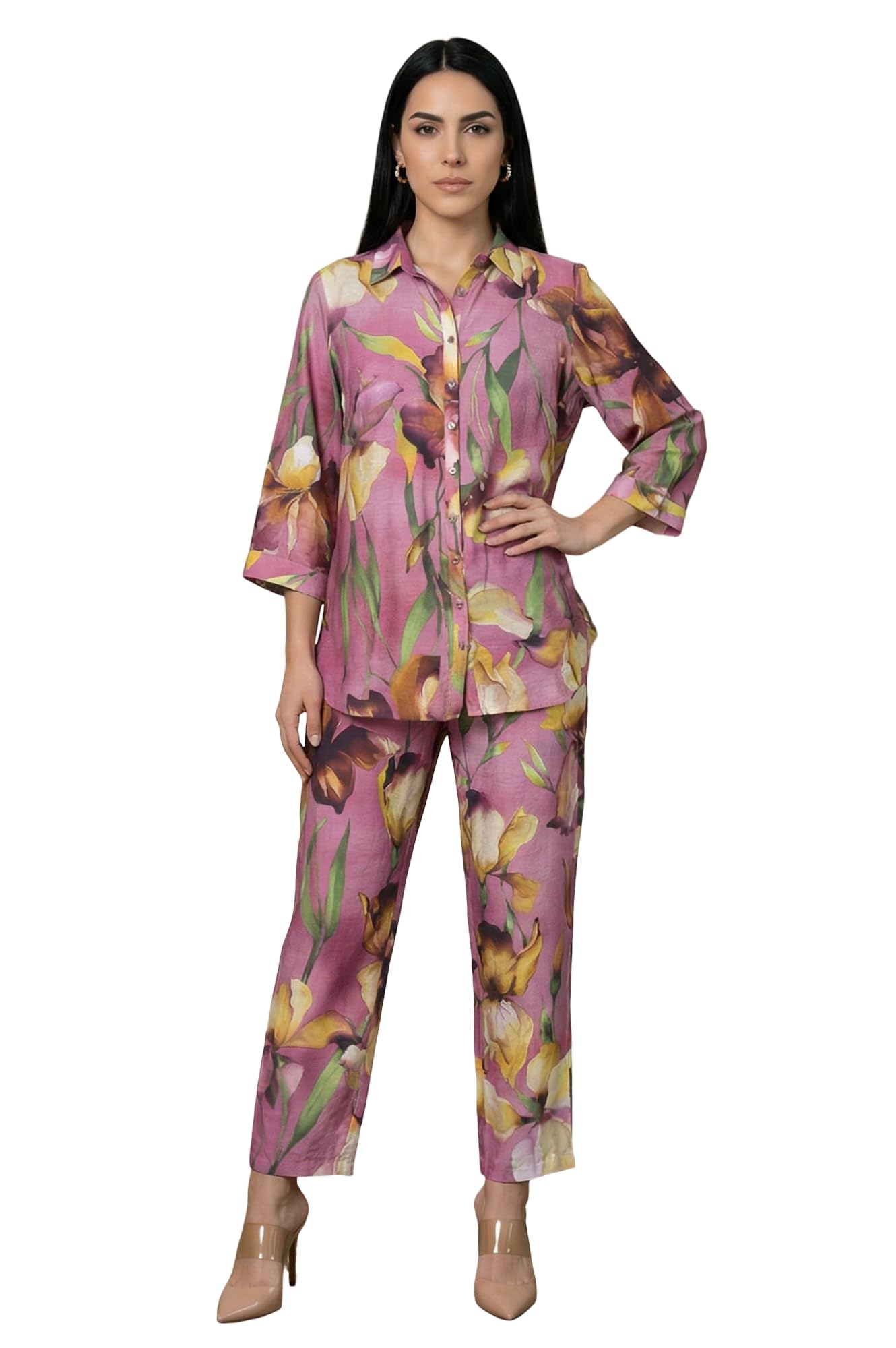 w for woman Floral Printed Straight Shirt and Pants Co-ord Set-picture-38