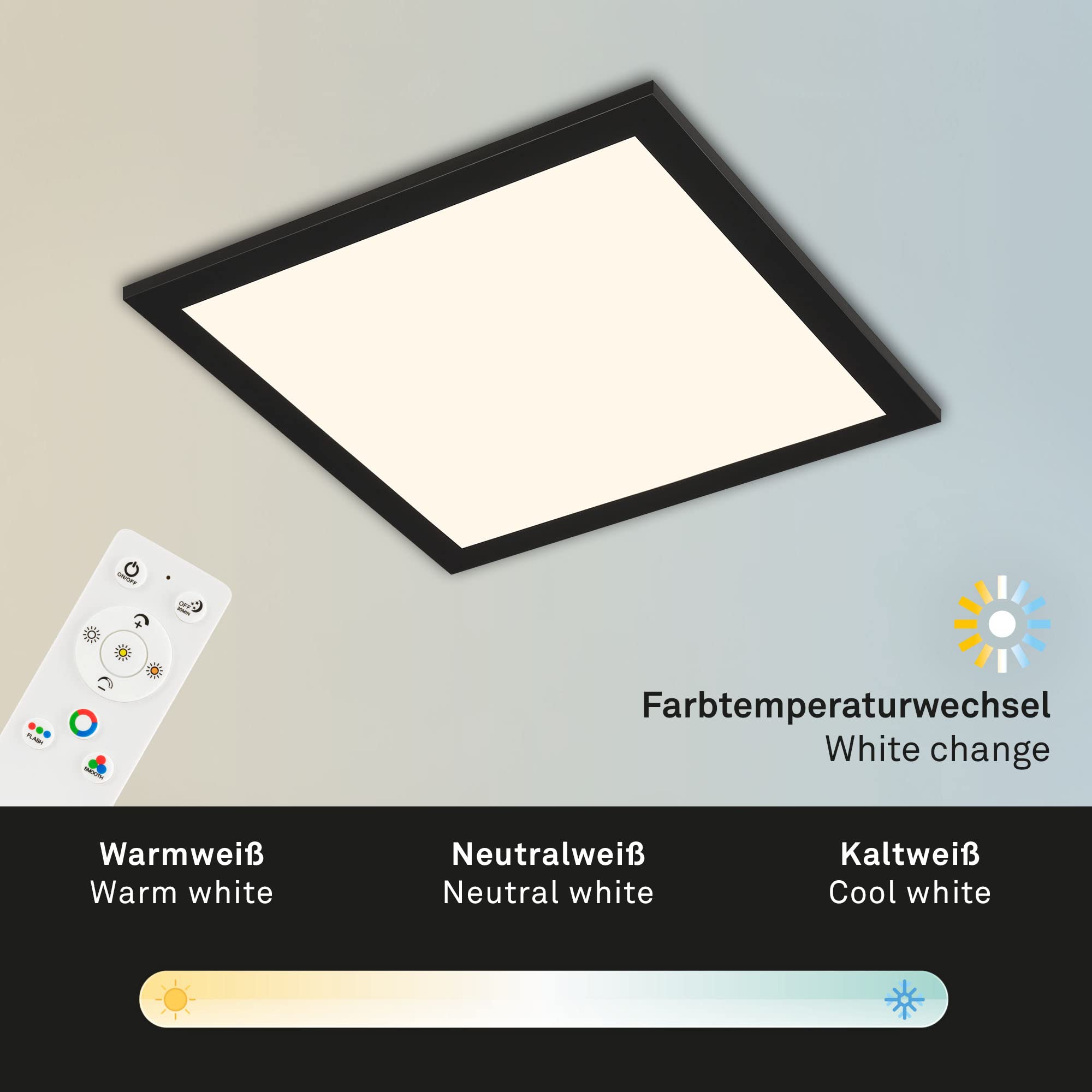 BRILONER - Plafonnier ultraplat RGB, Plafonnier CCT, Panneau LED, Température de couleur réglable, Changement de couleur, Dimmable, Télécommande, Noir