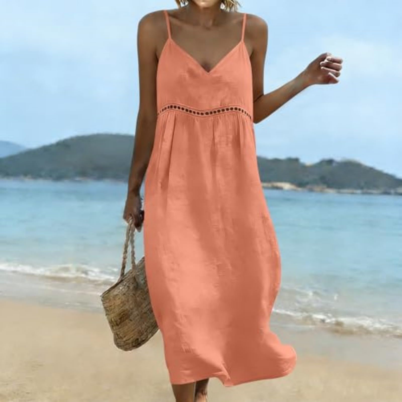 Abito estivo da donna in cotone, senza maniche, all'uncinetto, per il tempo libero, leggero e arioso, abito lungo da donna, estivo, stile boho, con scollo a V, spalline sottili
