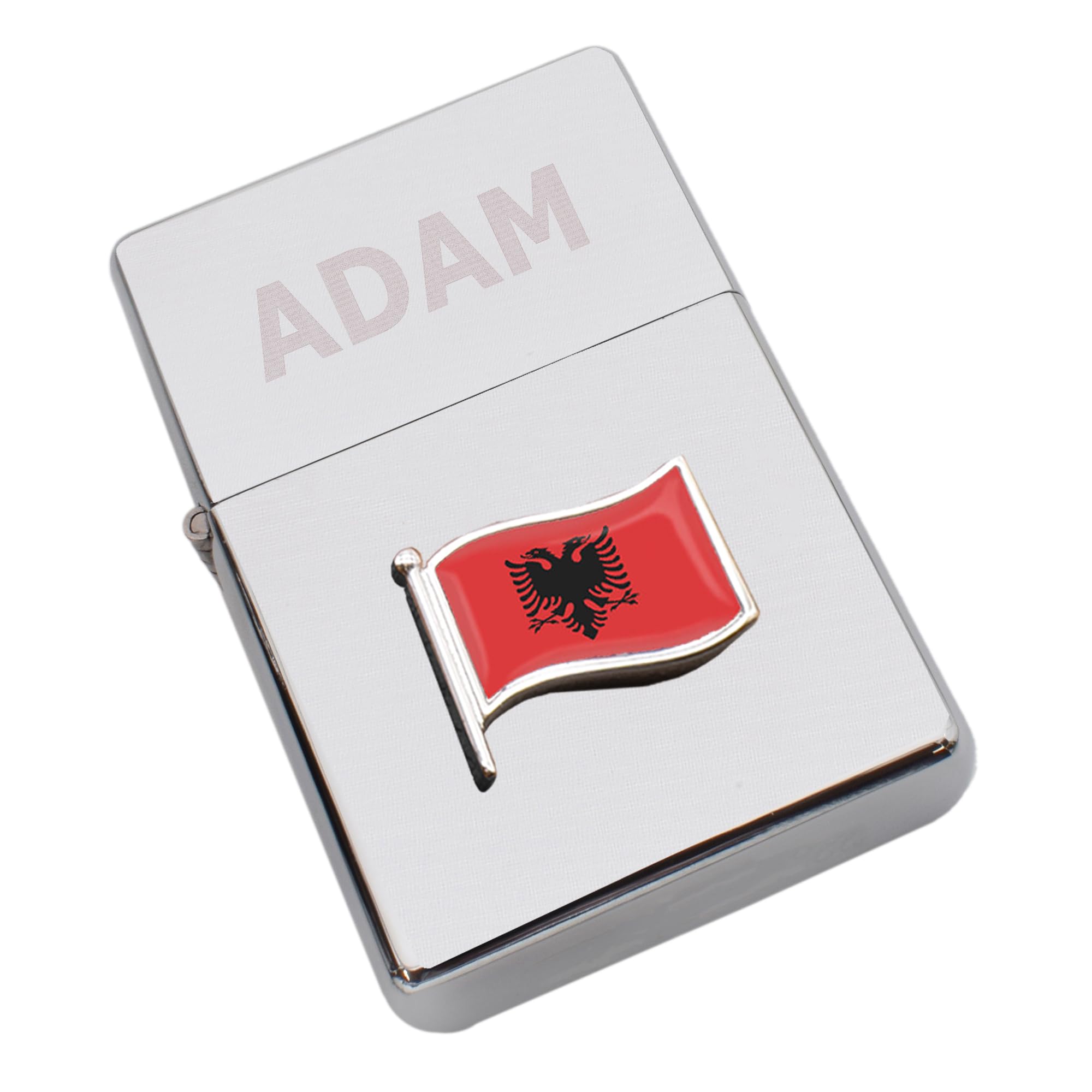 Albania Design Wave Flag Lighter Personalised with a Name or Initials, Chrome Finish, Presented in Box