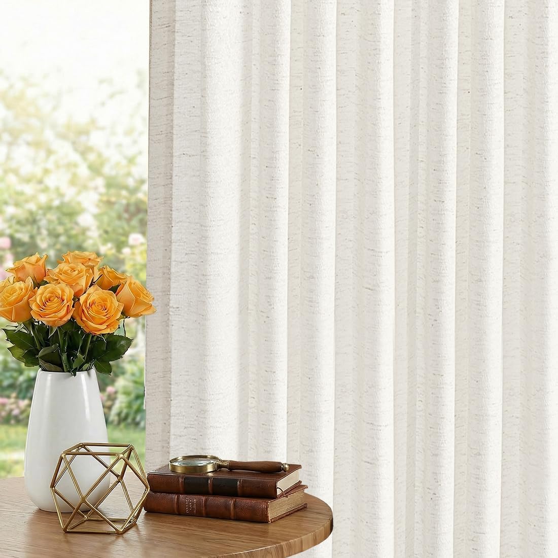 PrinceDeco Linen Curtains 84 inches Long 2 Panels Set for Living Room/Bedroom, Thick Linen Textured Rod Pocket Back Tab Drapes Elegant Window Treatment Semi Sheer Light Filtering Farmhouse, Ivory