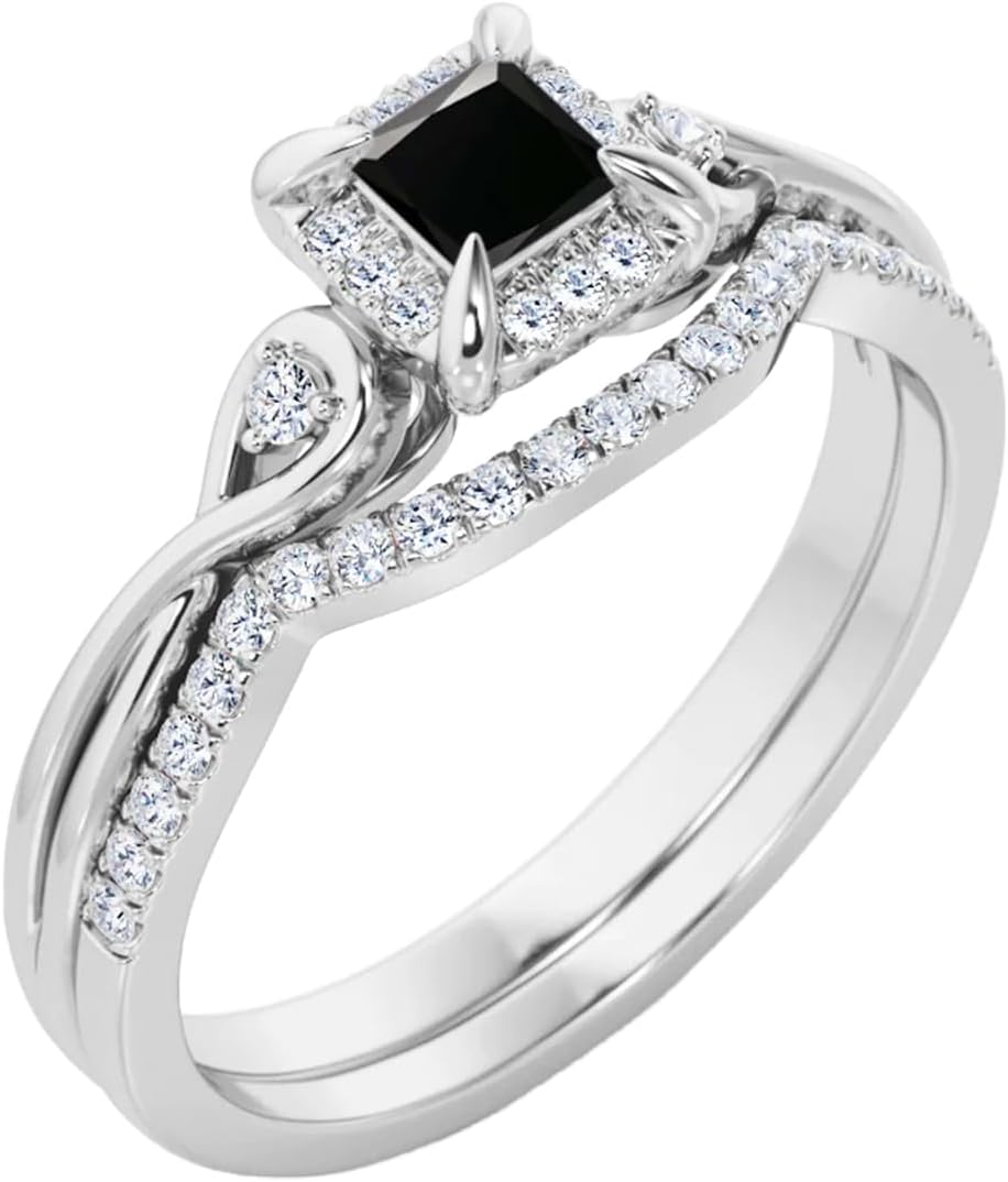 Black Onyx Wedding Ring Set for Women 925 Sterling Silver 10K 14K 18K Gold Halo Bridal Ring Set with 1CT Princess Cut Black Onyx Engagement Ring Set for Women