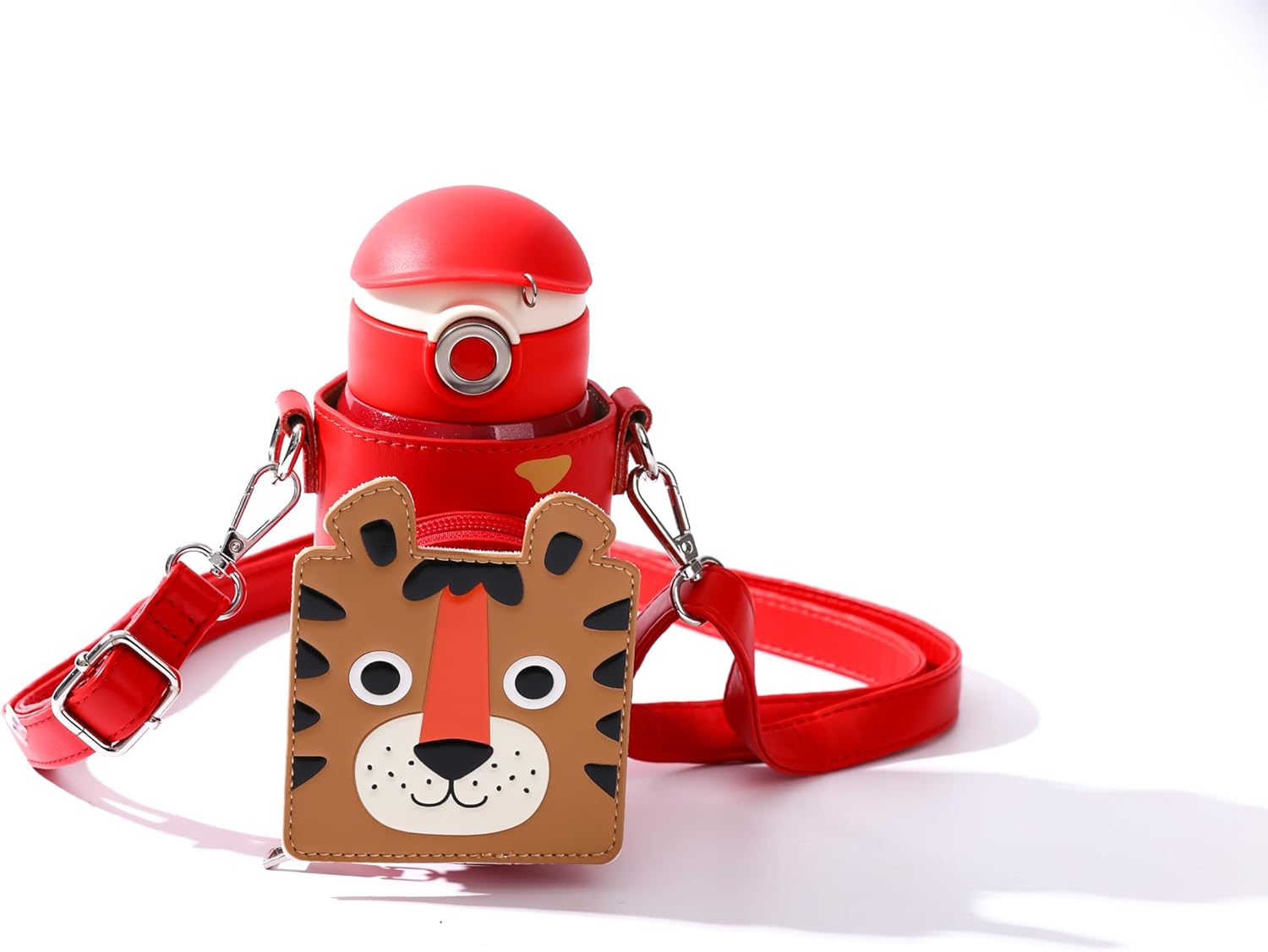 Cocosmile Tiger Kids Water Bottle - Easy Open Button & Carrying Lanyard with Zipper Pouch - Kids Water Bottles for School Boys Girls, Stainless-Steel Thermal Water Bottle, BPA Free (With Straw)