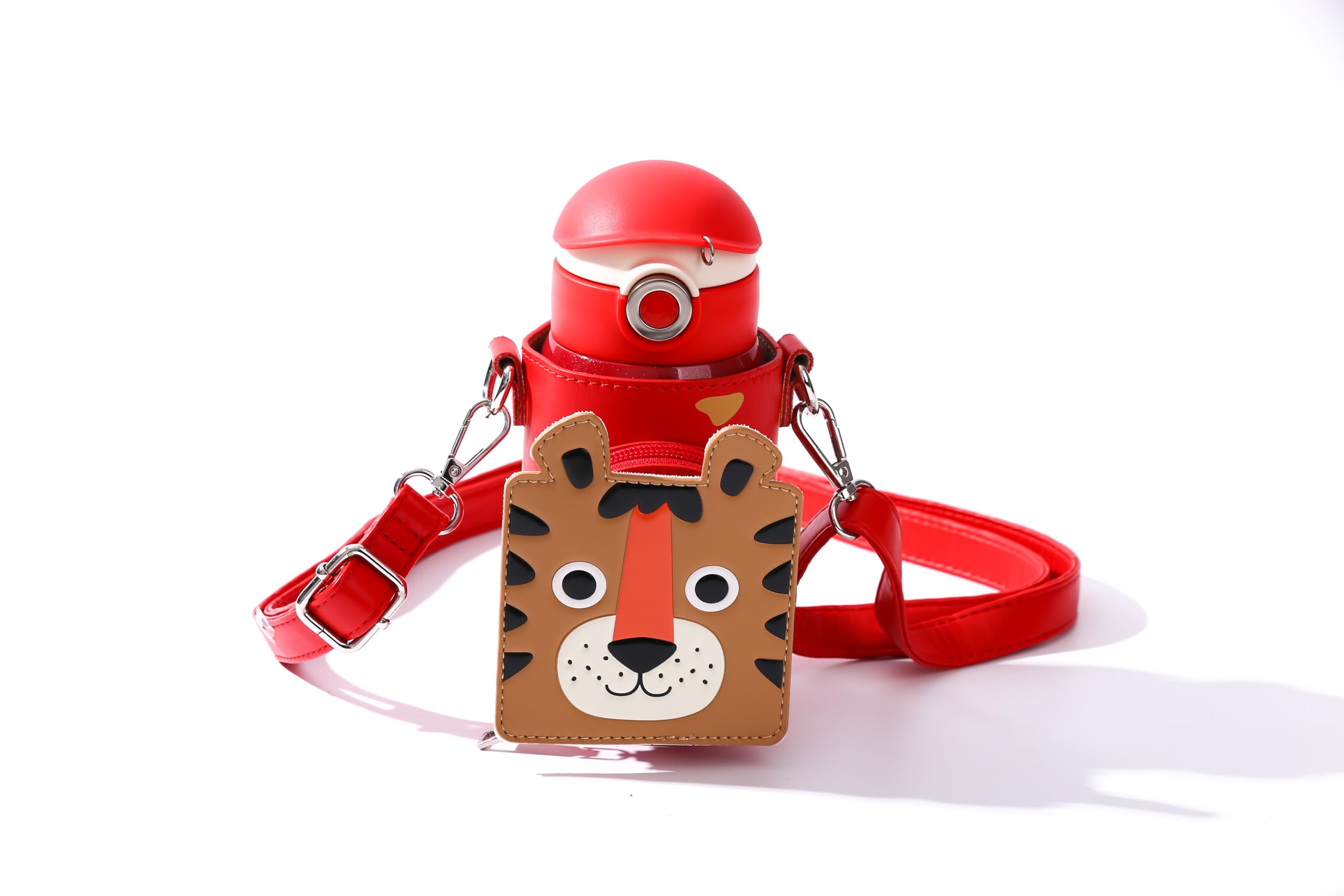 Cocosmile Tiger Kids Water Bottle - Easy Open Button Carrying Lanyard with Zipper Pouch - Kids Water Bottles